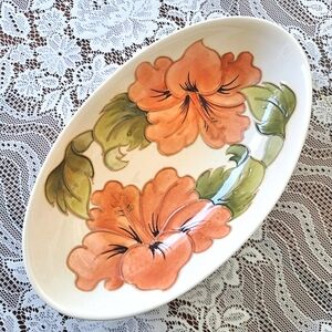 MCM Signed Walter Moorcroft Cream Oval Dish Coral Hibiscus Pattern